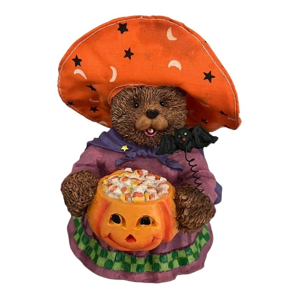 Vintage Halloween Figurine Witch Bear Holding Pumpkin